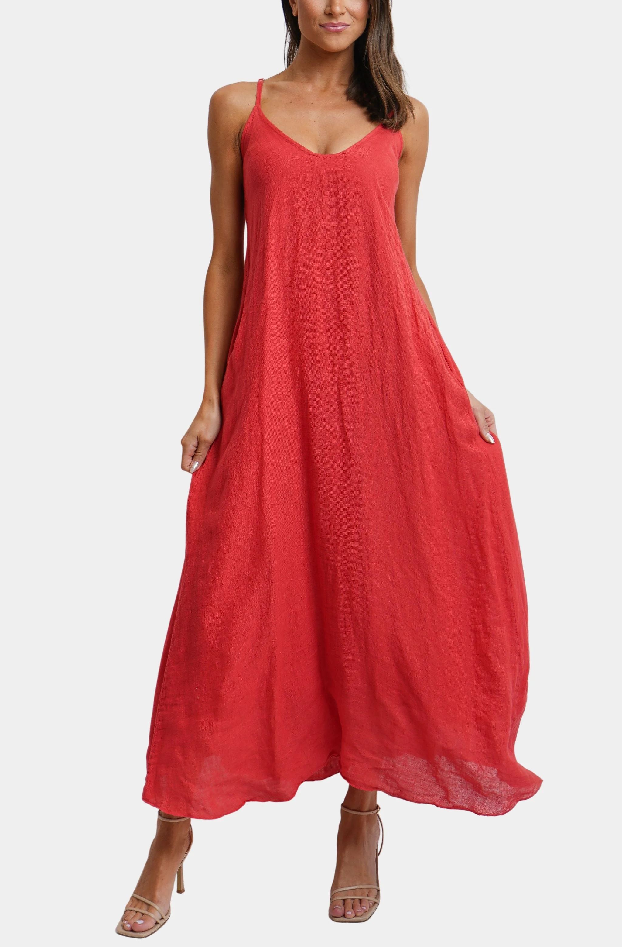 Spaghetti Adjustable Strap Maxi Dress W/Pockets