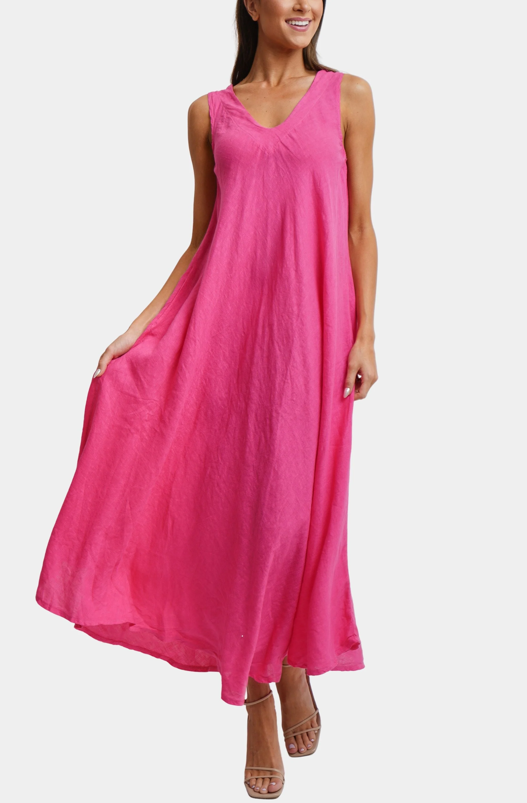 Linen V-Neck/Back Maxi Tank Dress With Pockets