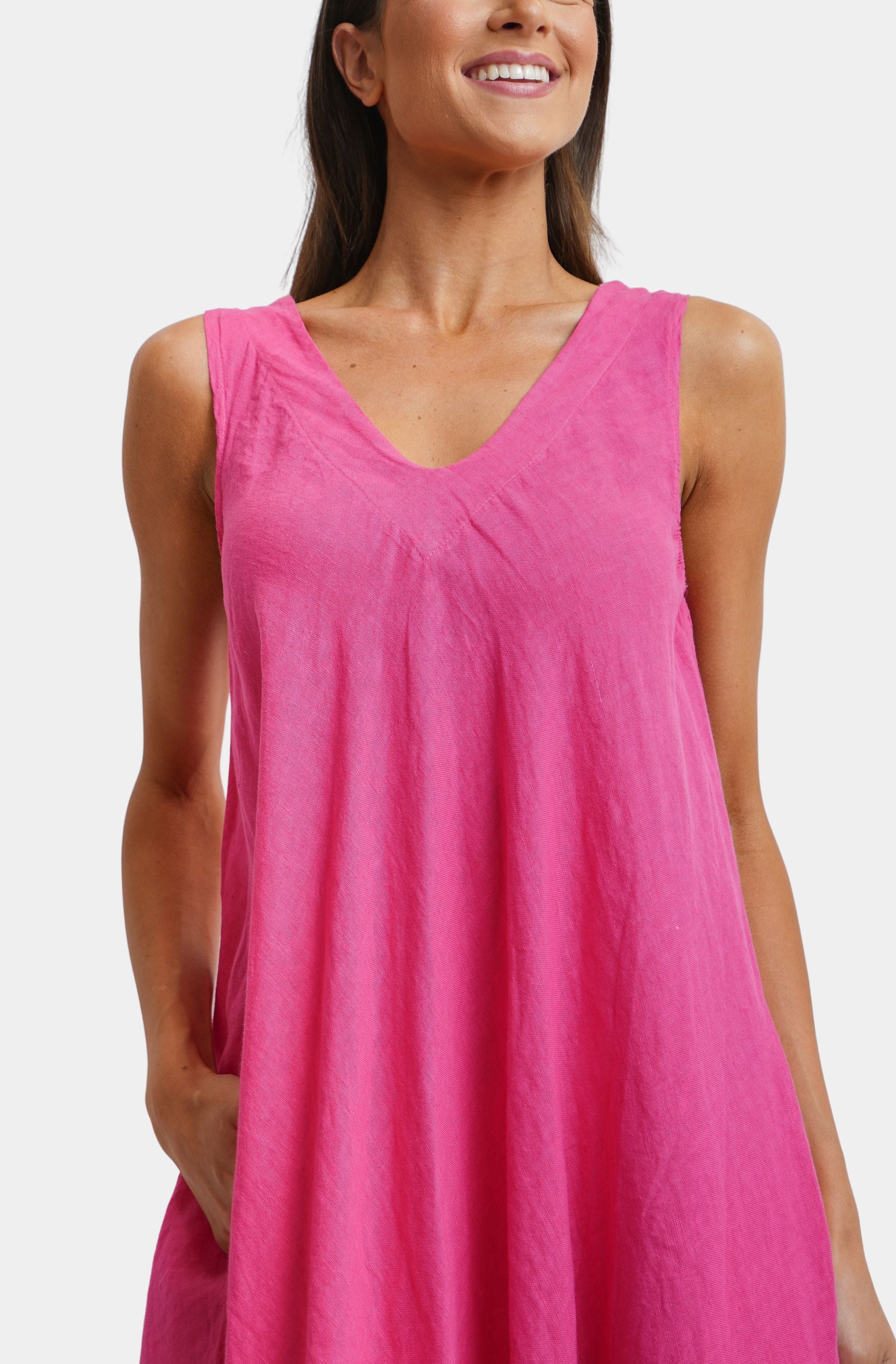 Linen V-Neck/Back Maxi Tank Dress With Pockets - Image 2