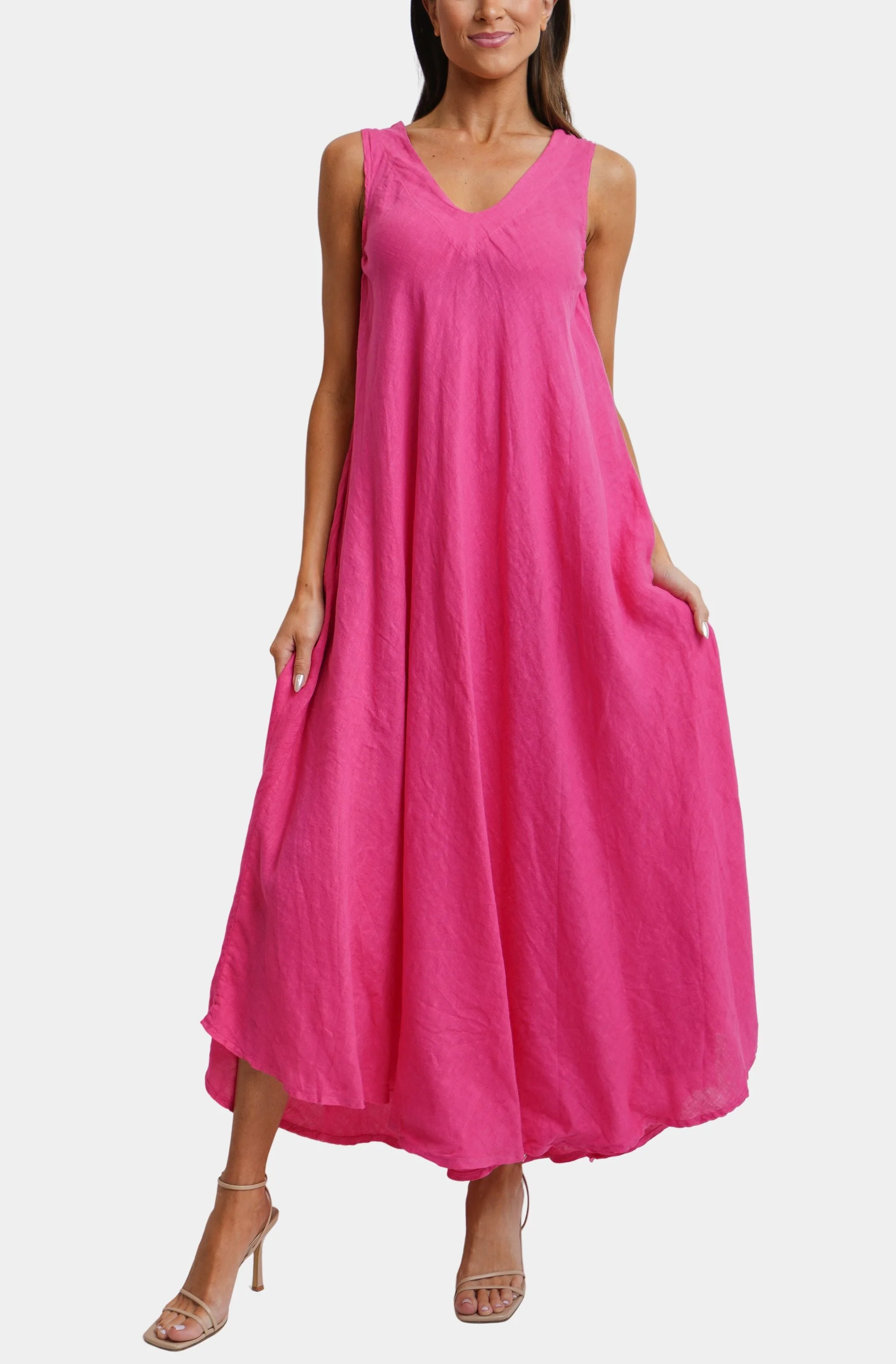 Linen V-Neck/Back Maxi Tank Dress With Pockets - Image 4