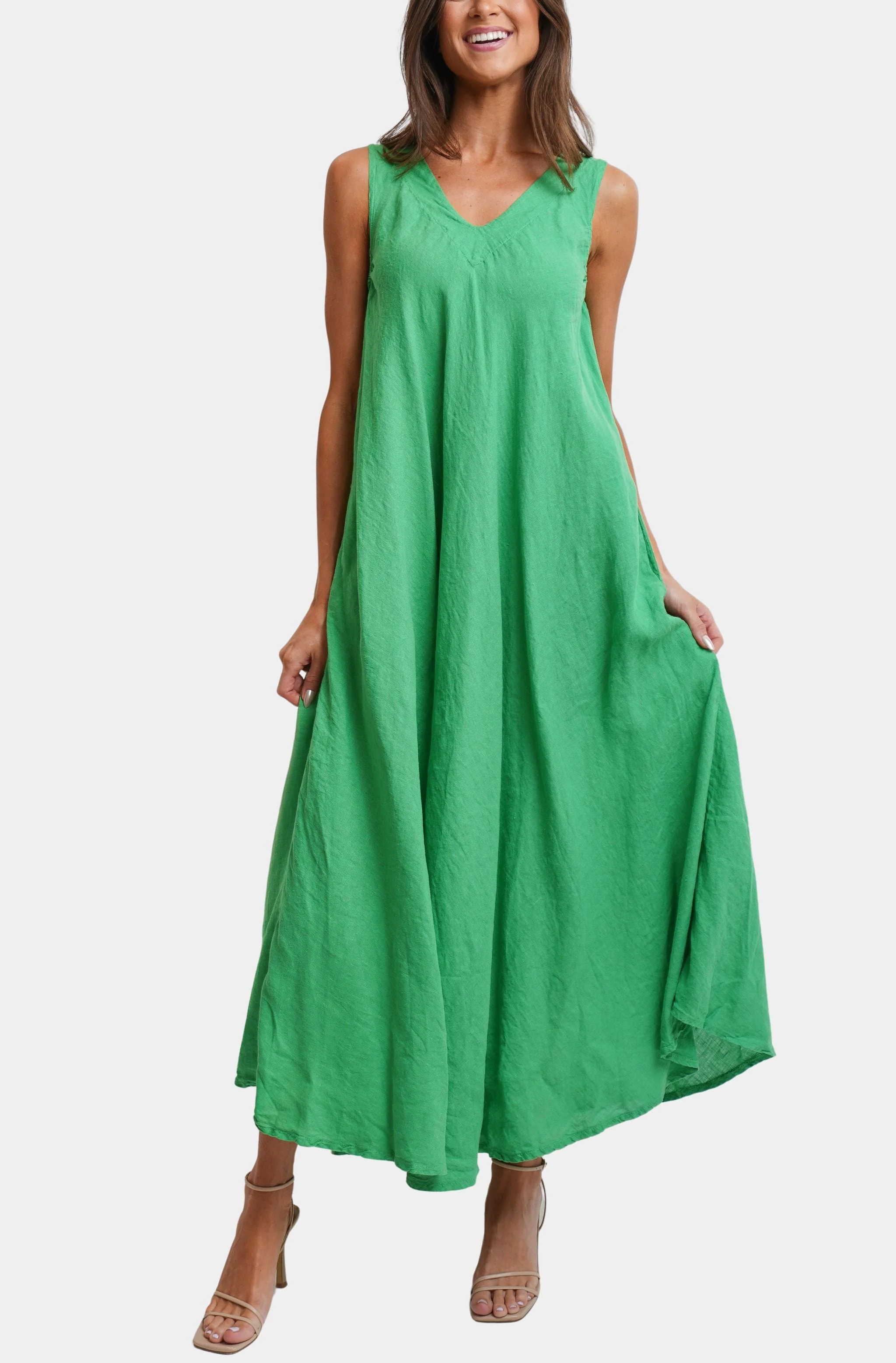 Linen V-Neck/Back Maxi Tank Dress With Pockets - Image 2