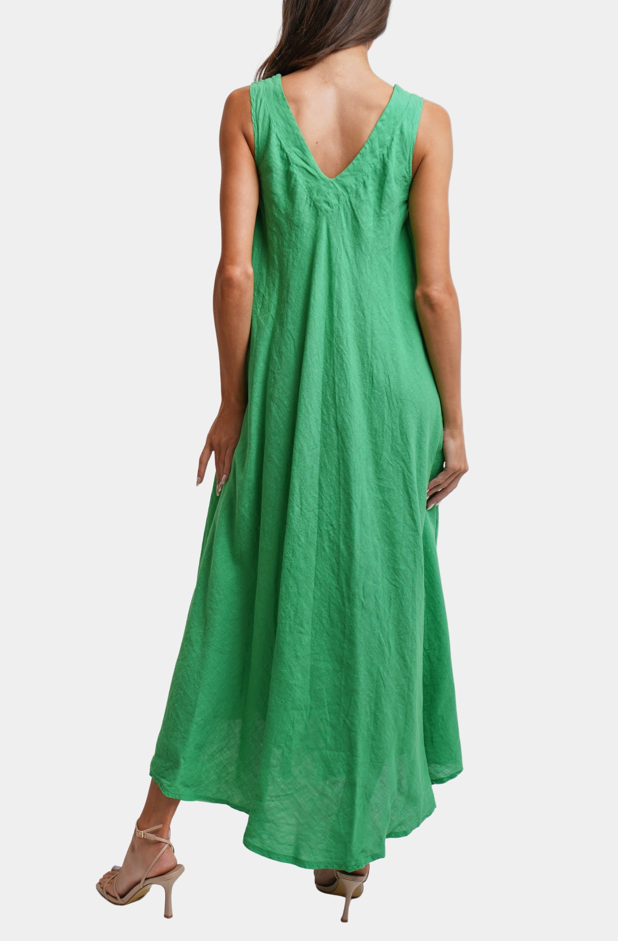 Linen V-Neck/Back Maxi Tank Dress With Pockets - Image 3