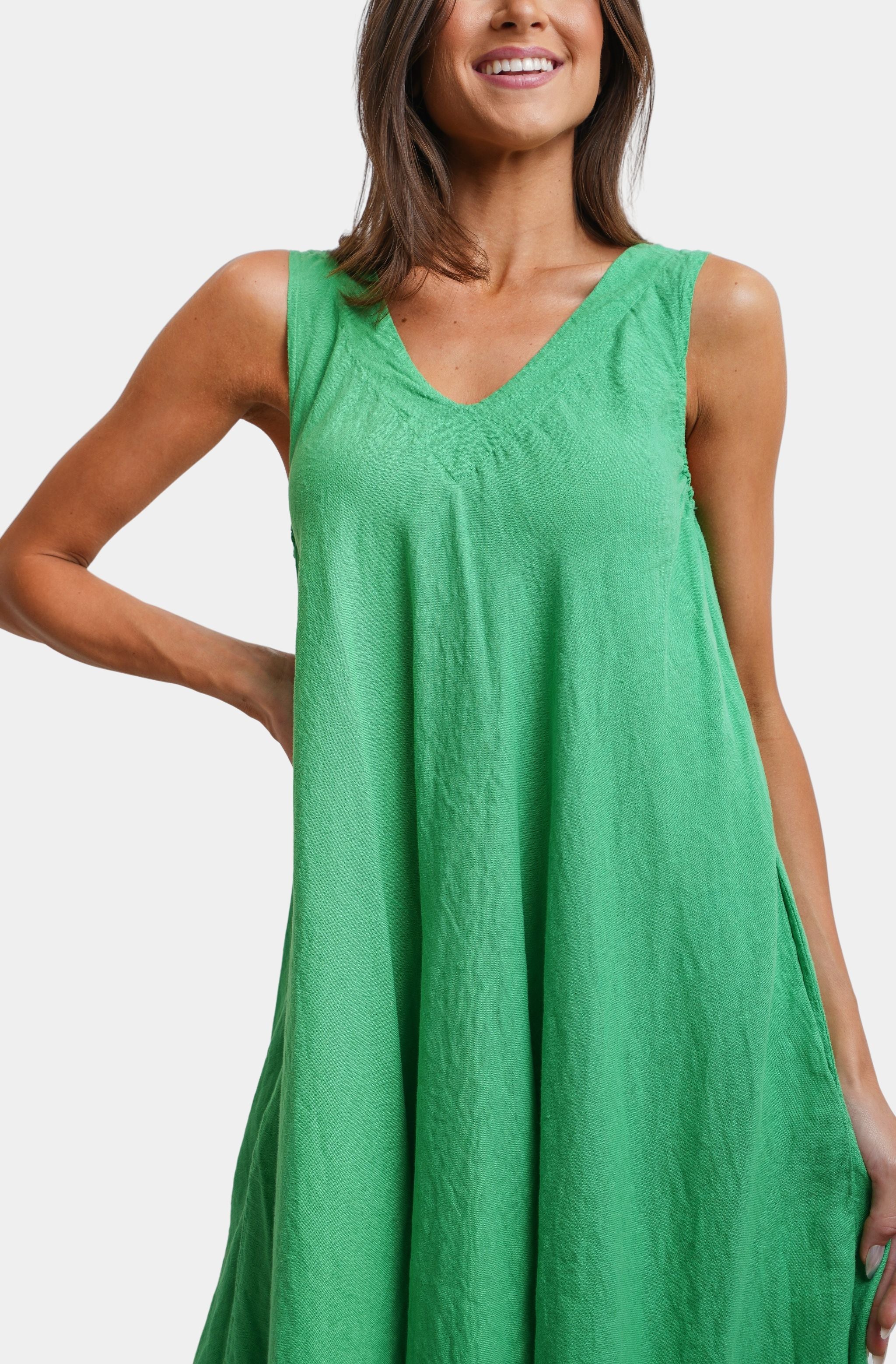 Linen V-Neck/Back Maxi Tank Dress With Pockets - Image 4