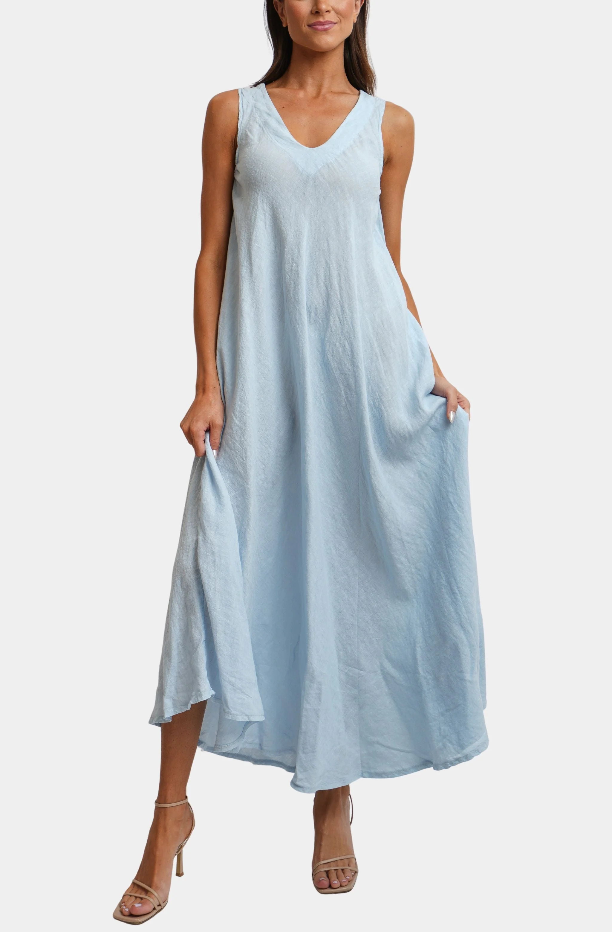 Linen V-Neck/Back Maxi Tank Dress With Pockets