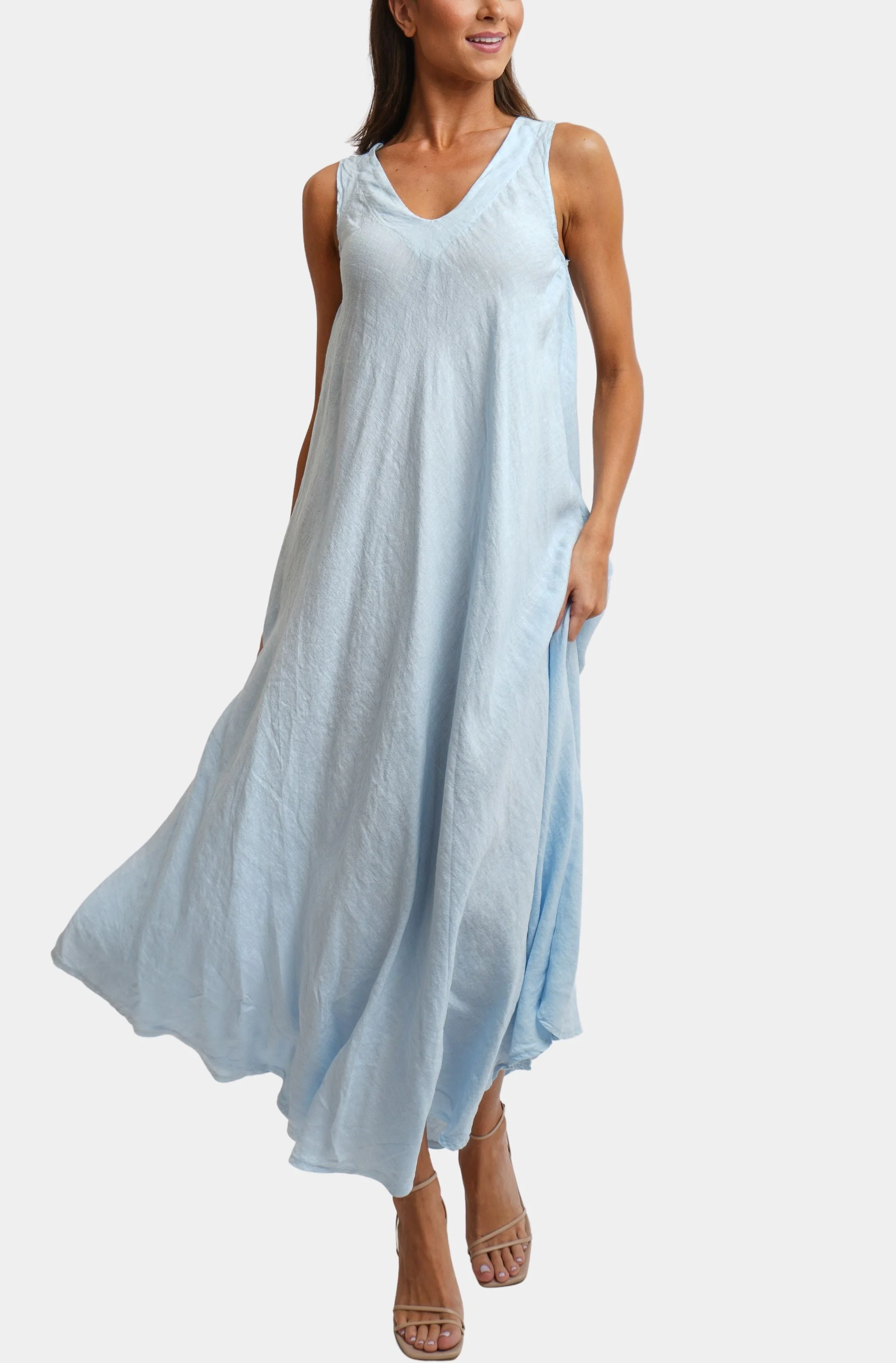 Linen V-Neck/Back Maxi Tank Dress With Pockets - Image 2