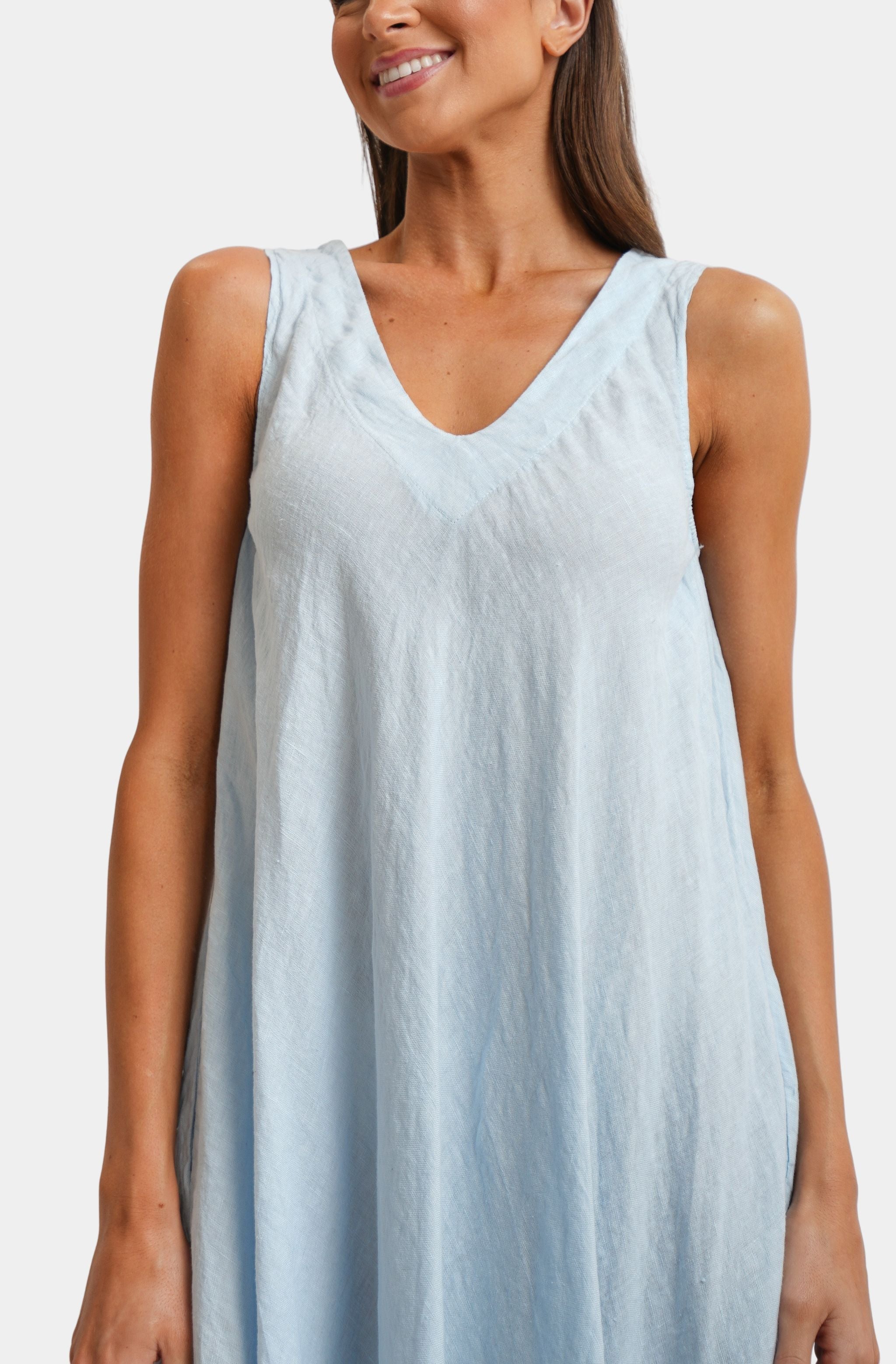 Linen V-Neck/Back Maxi Tank Dress With Pockets - Image 3
