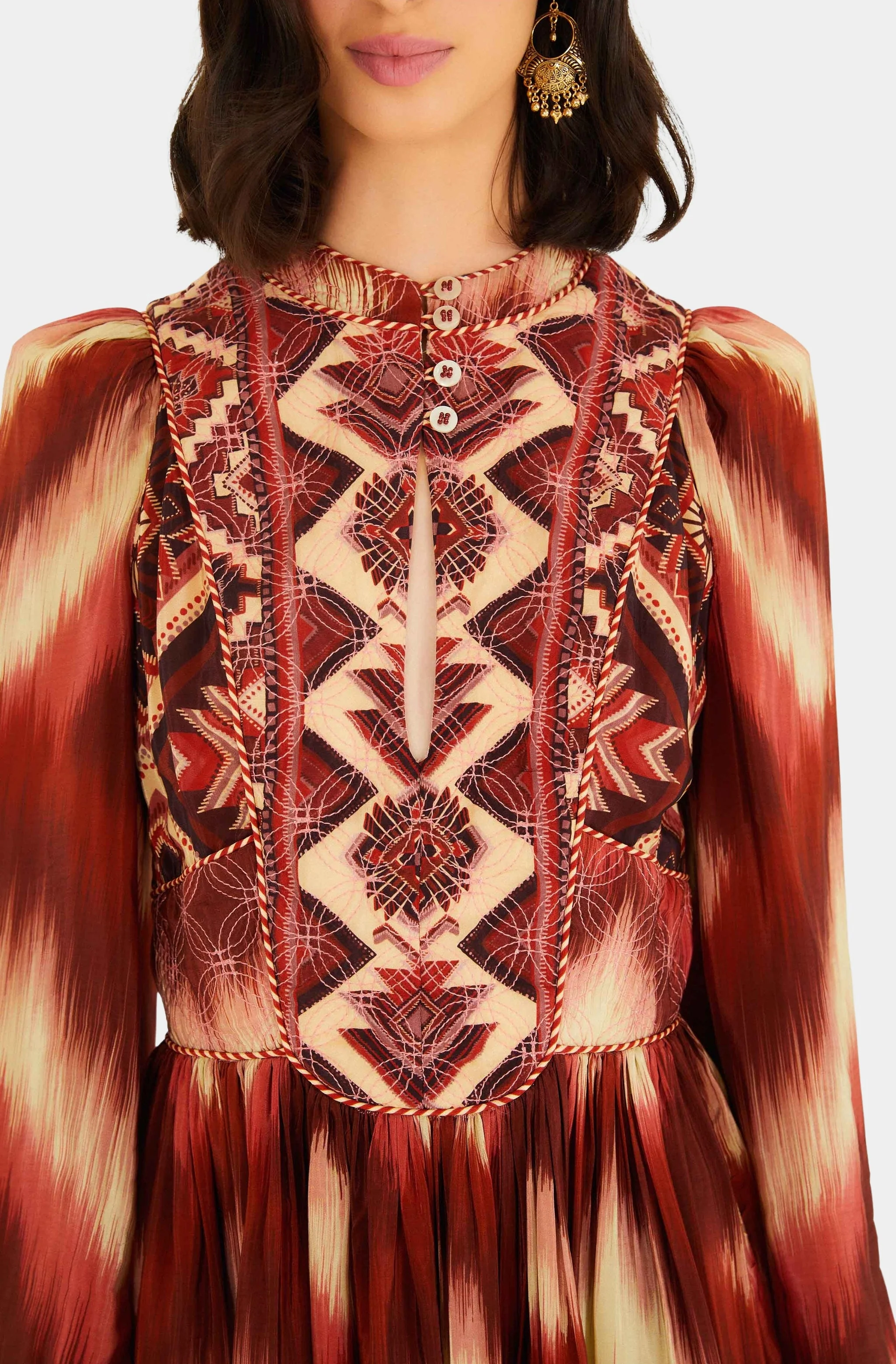 Amanda Stripes Tapestry Red Matelasse Long Sleeve Dress - Image 3