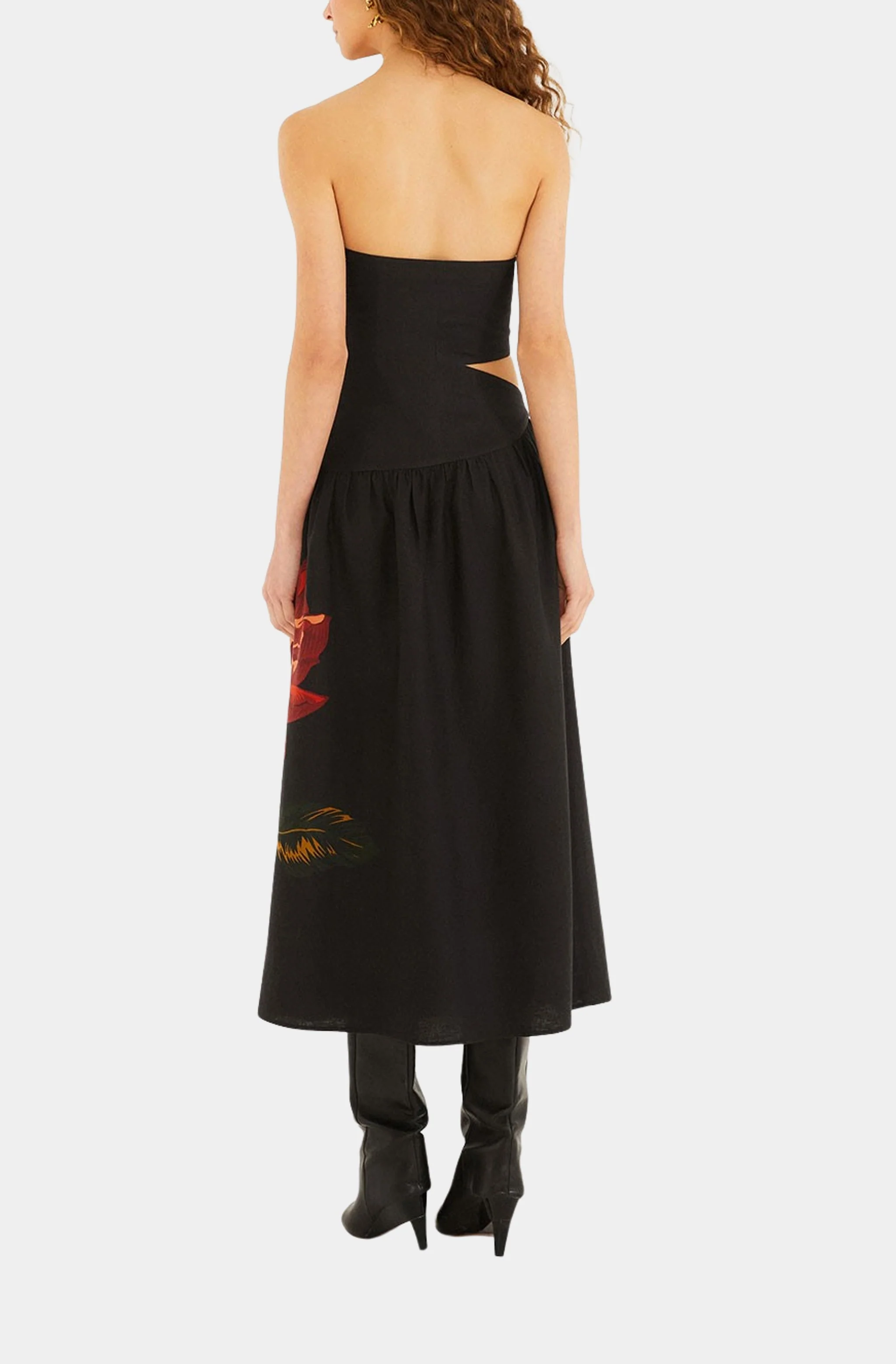 Rosalia Placed Black Artisanal Strapless Midi Dress - Image 4