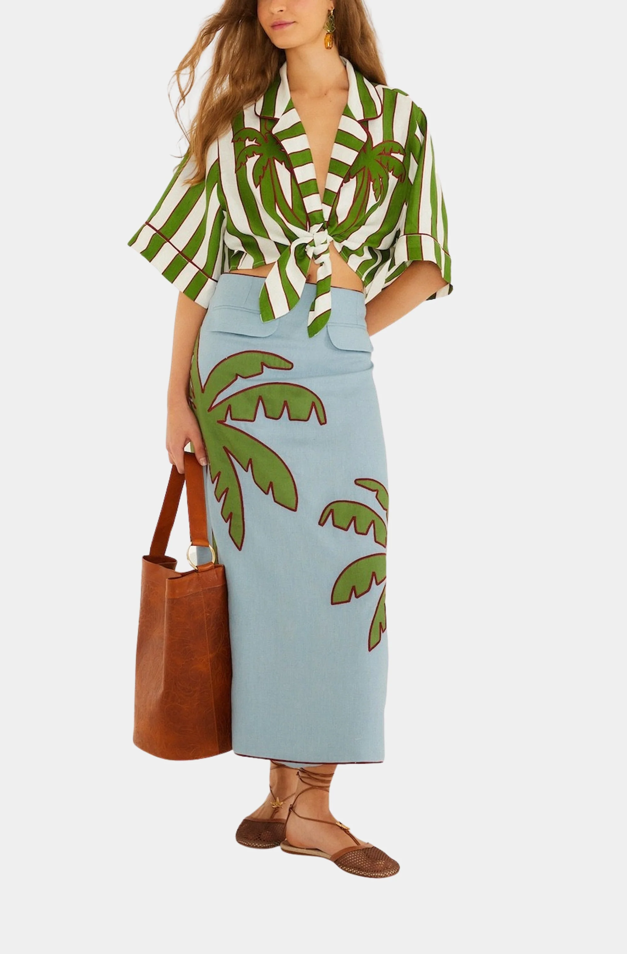 Blue Embroidered Palm Tree Maxi Skirt