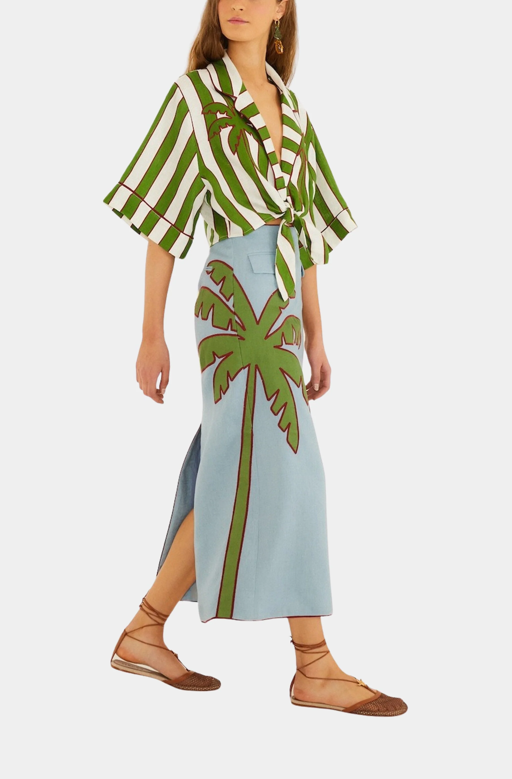 Blue Embroidered Palm Tree Maxi Skirt - Image 2
