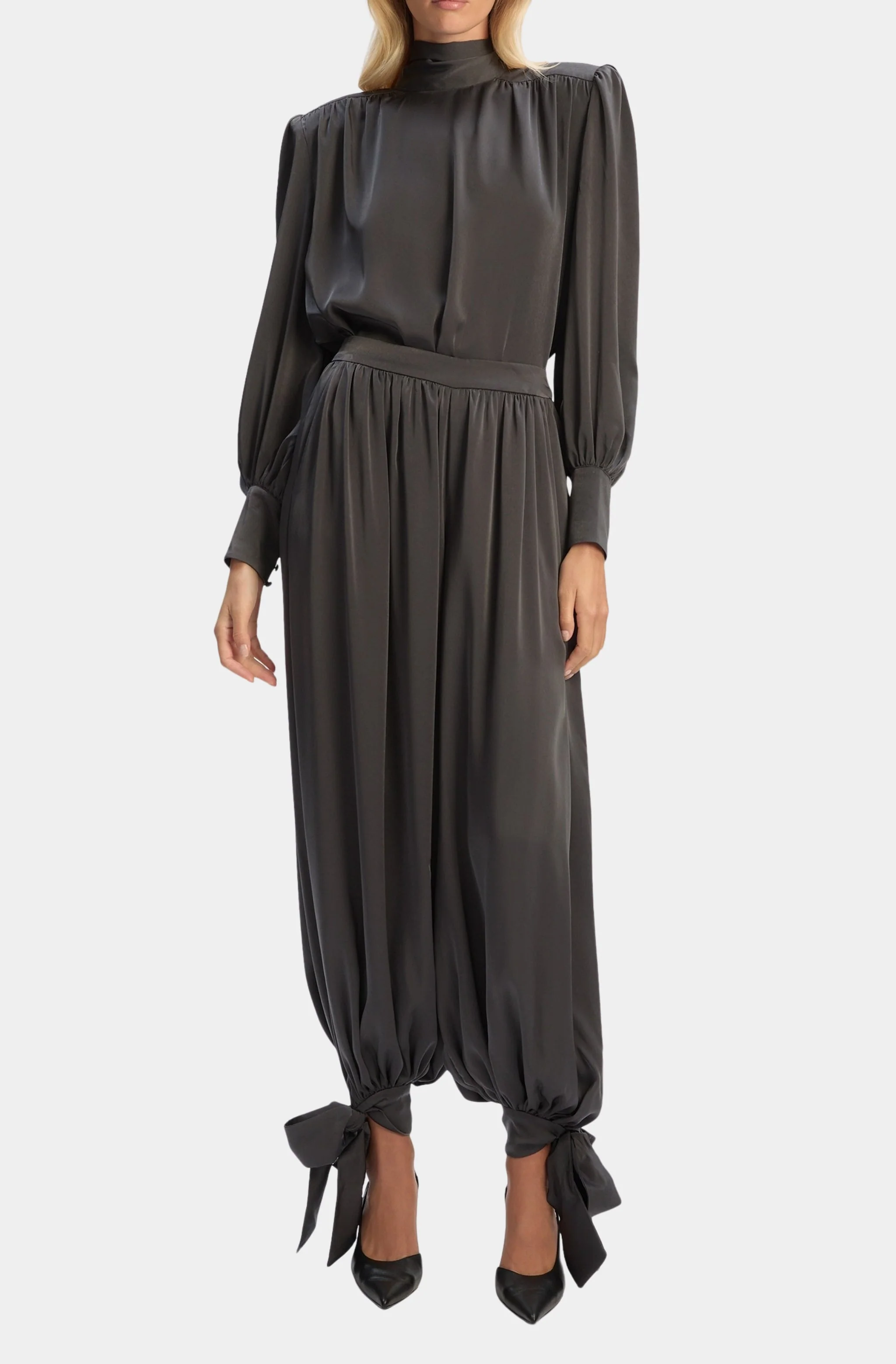 Revana Satin Tie Neck Blouse