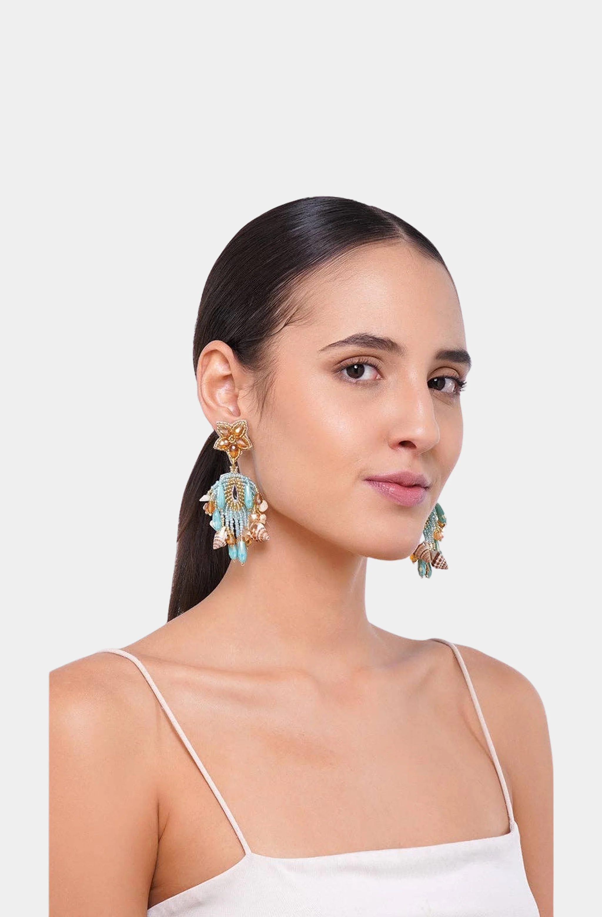Aqua Beaded Shell Earrings - Image 2