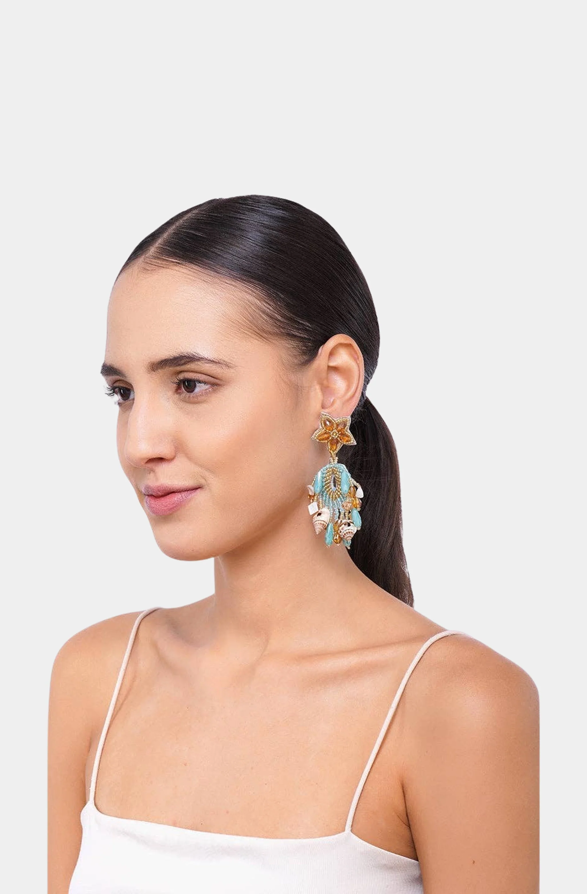 Aqua Beaded Shell Earrings - Image 3