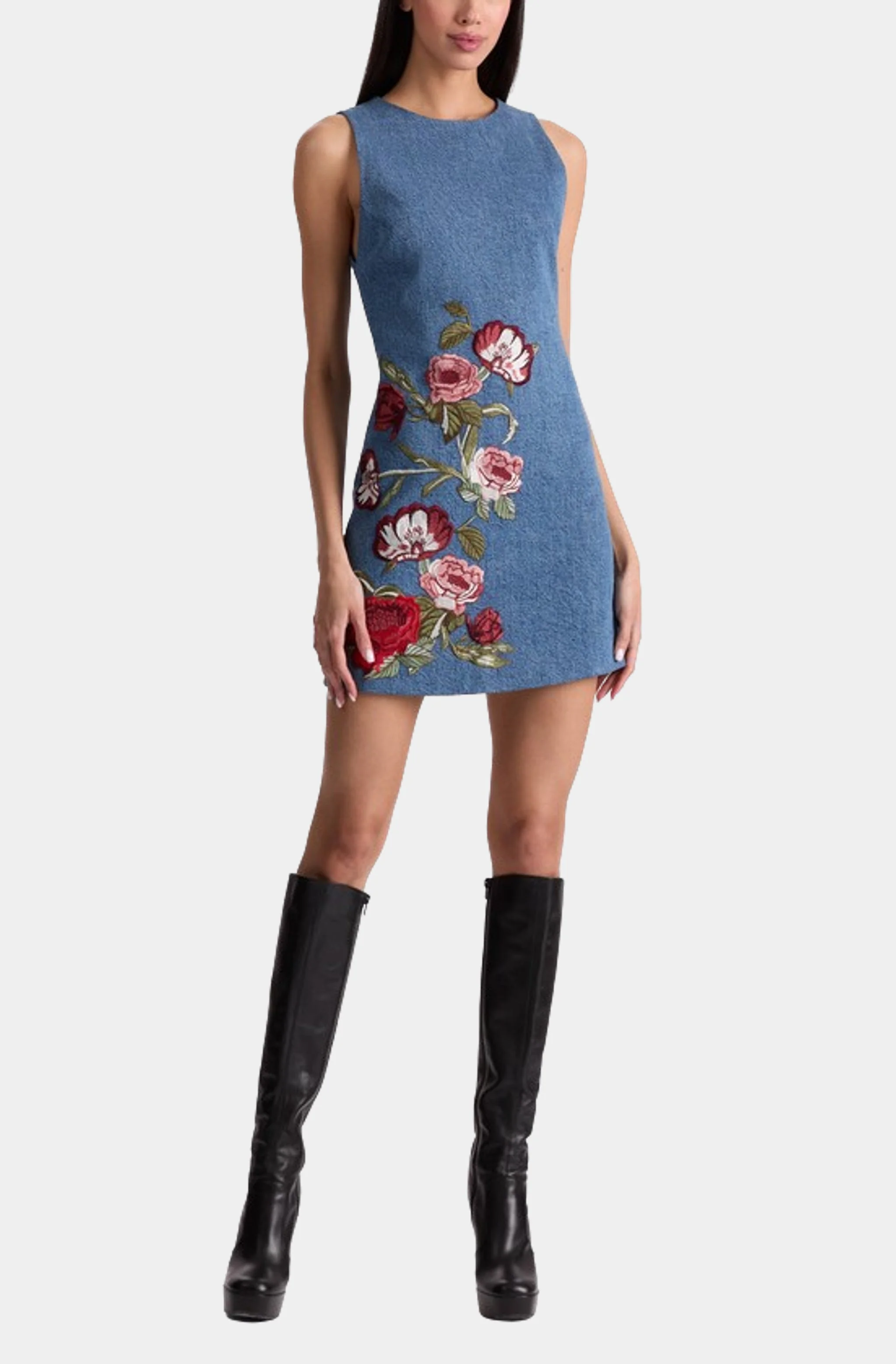 Cade Embroidered Sleeveless Shift Denim Mini Dress - Image 2