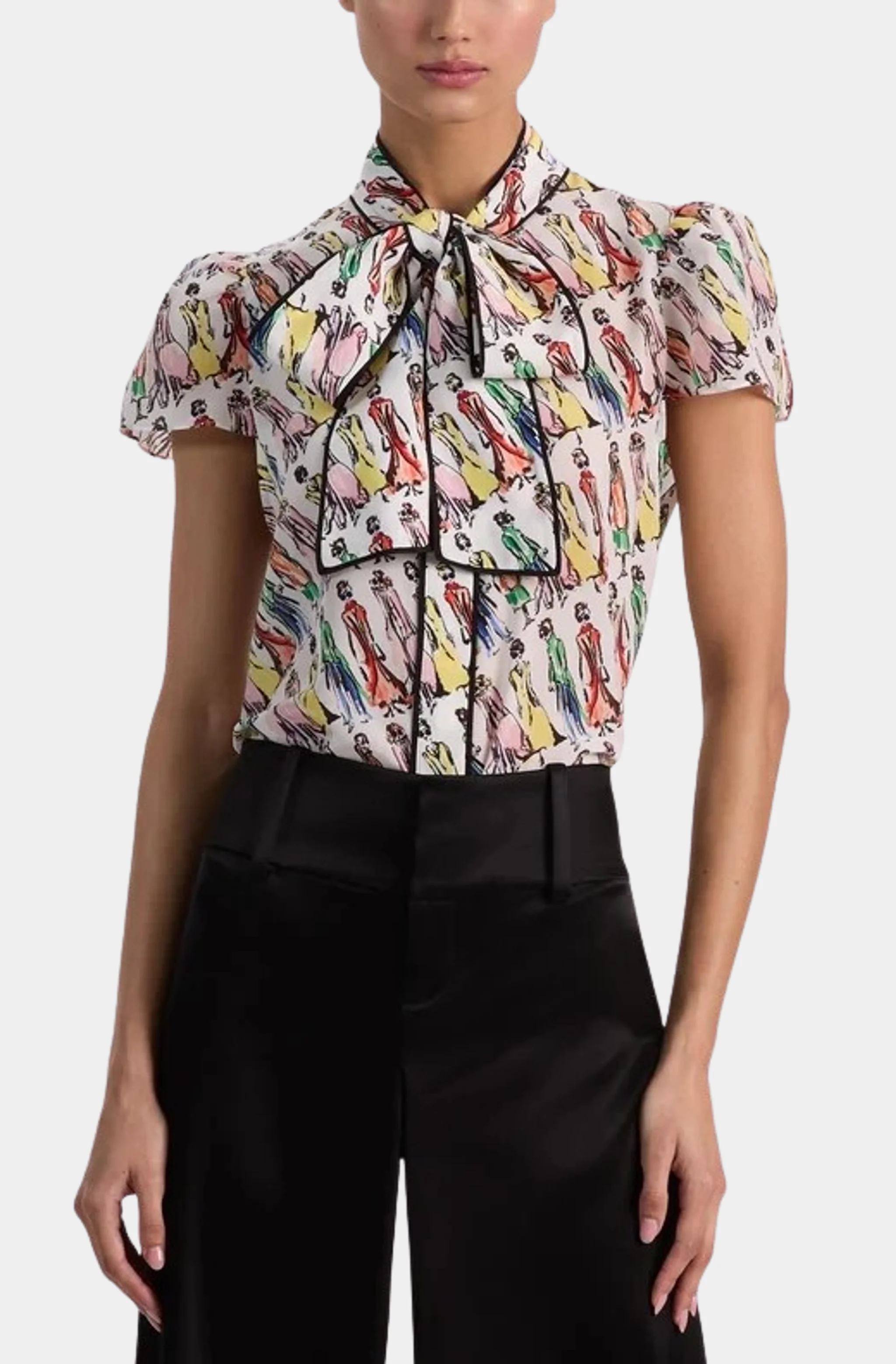 Jeannie Staceface Piped Bow Collar Cap Sleeve Button Down